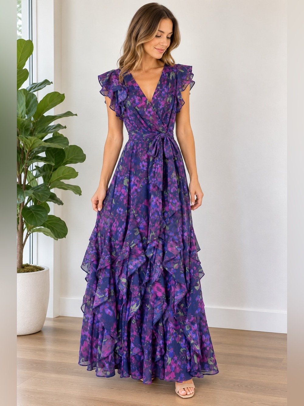 Lauren Ralph Lauren Purple Fuchsia Ruffle Maxi Dress size 6